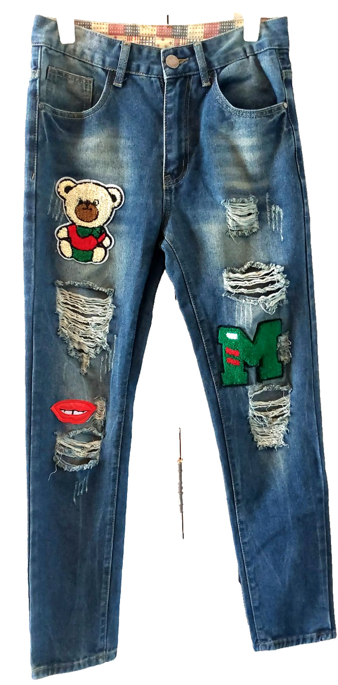 Bear‎ Patch Men's distressed slim straight jeans dark denim ripped denim 28x30